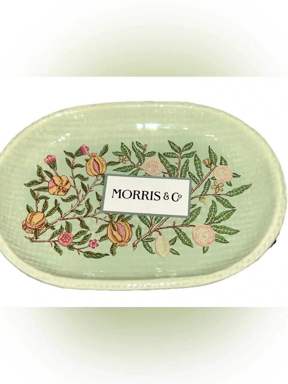 Large MORRIS & CO. Green Floral Fruit Burlap-Look Oval Ceramic Soap Dish NEW